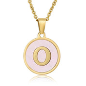 Perrine pink initial disc necklace, letter O on pink mother of pearl