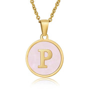 Perrine pink initial disc necklace, letter P on pink mother of pearl