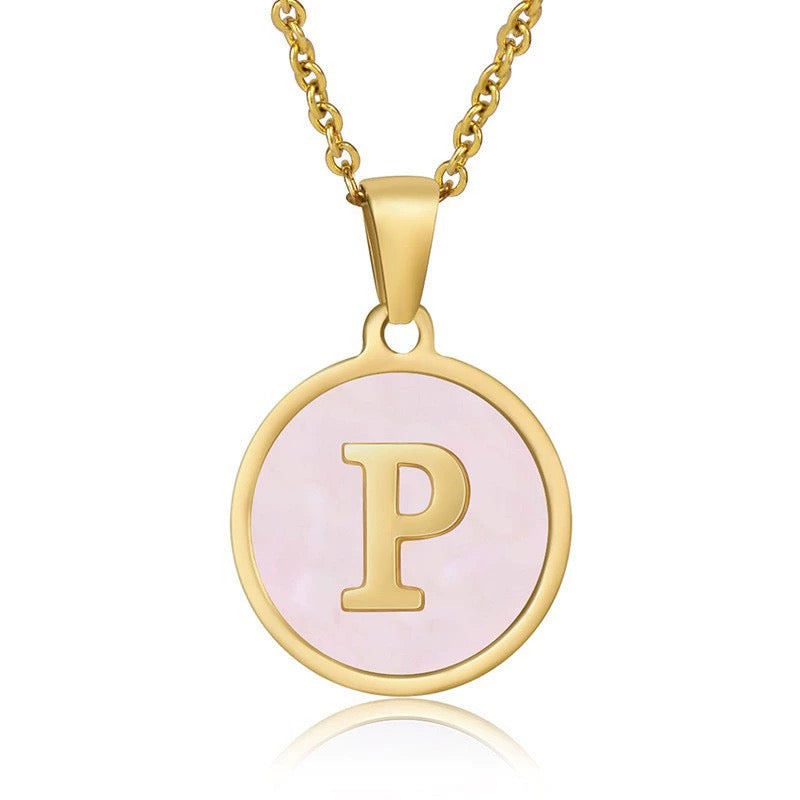 Perrine pink initial disc necklace, letter P on pink mother of pearl
