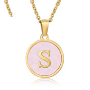 Perrine pink initial disc necklace, letter S on pink mother of pearl