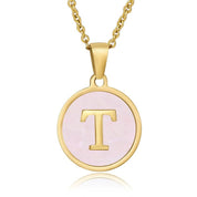 Perrine pink initial disc necklace, letter T on pink mother of pearl