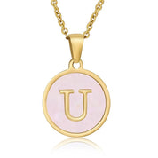 Perrine pink initial disc necklace, letter U on pink mother of pearl