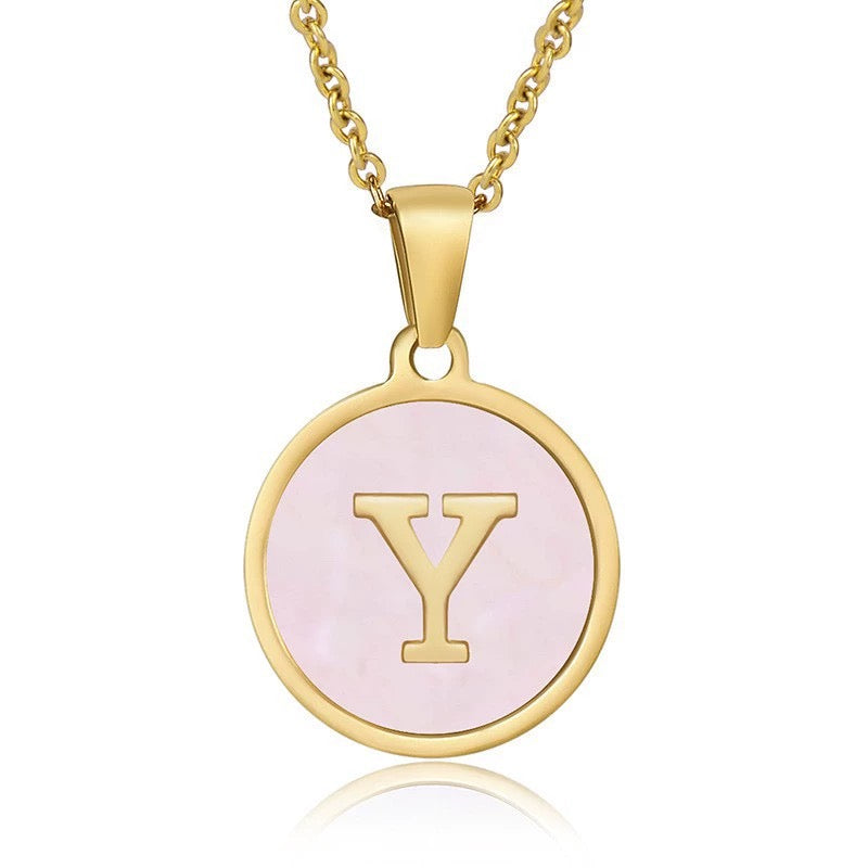 Perrine pink initial disc necklace, letter Y on pink mother of pearl