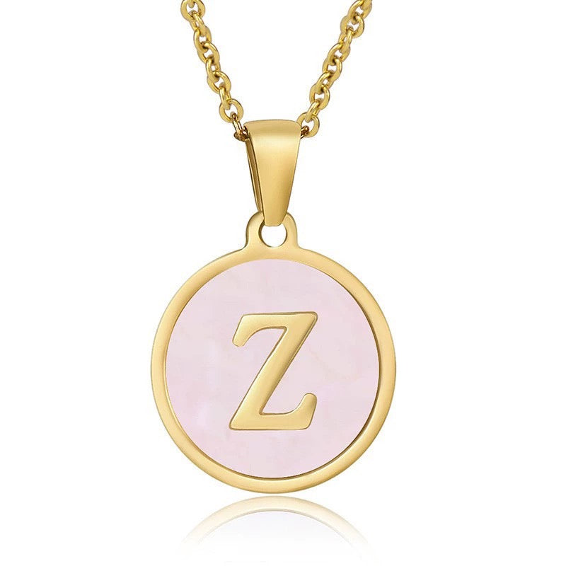 Perrine pink initial disc necklace, letter Z on pink mother of pearl
