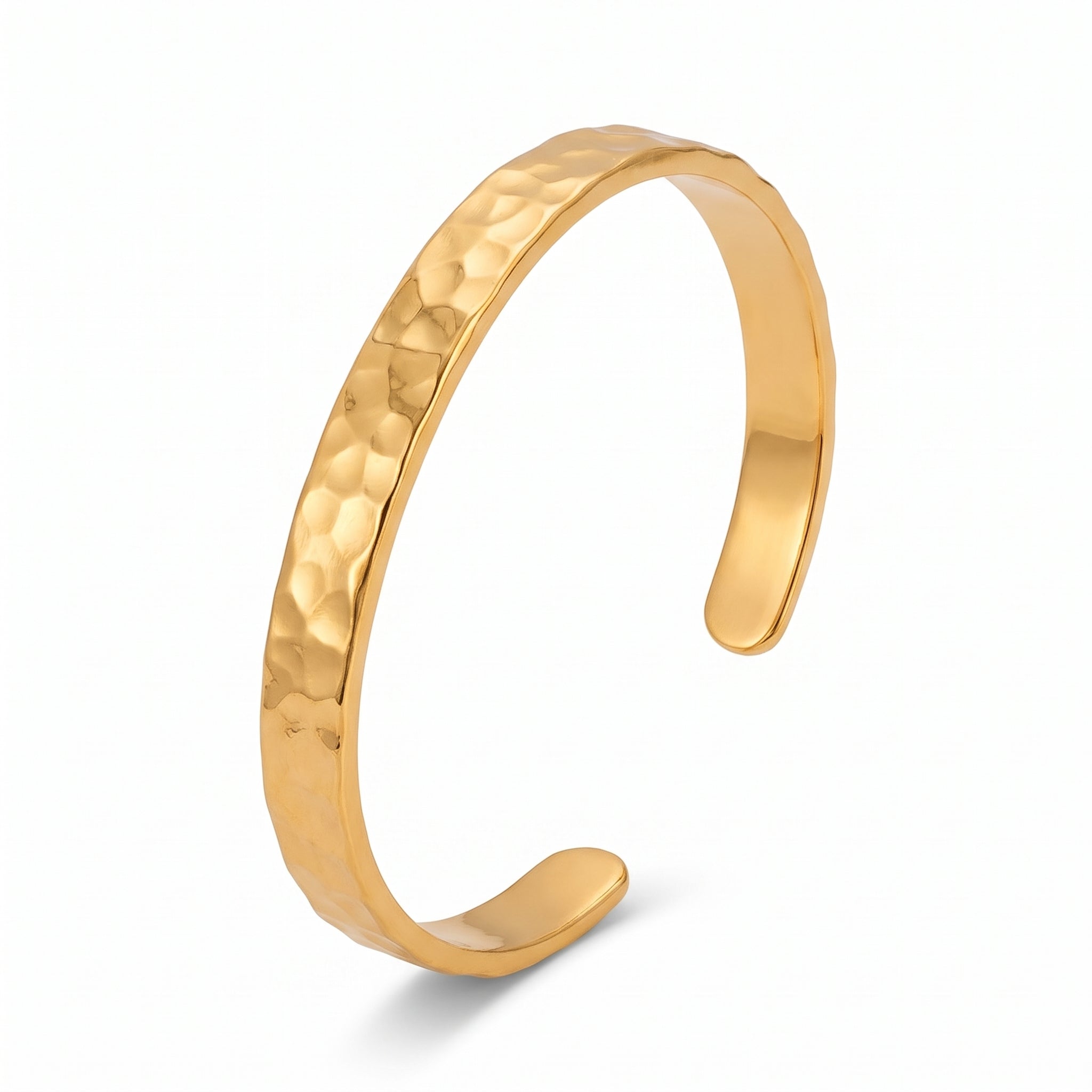 Gold hammered open cuff bracelet on white