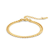 Gold herringbone and box chain double bracelet on a white background