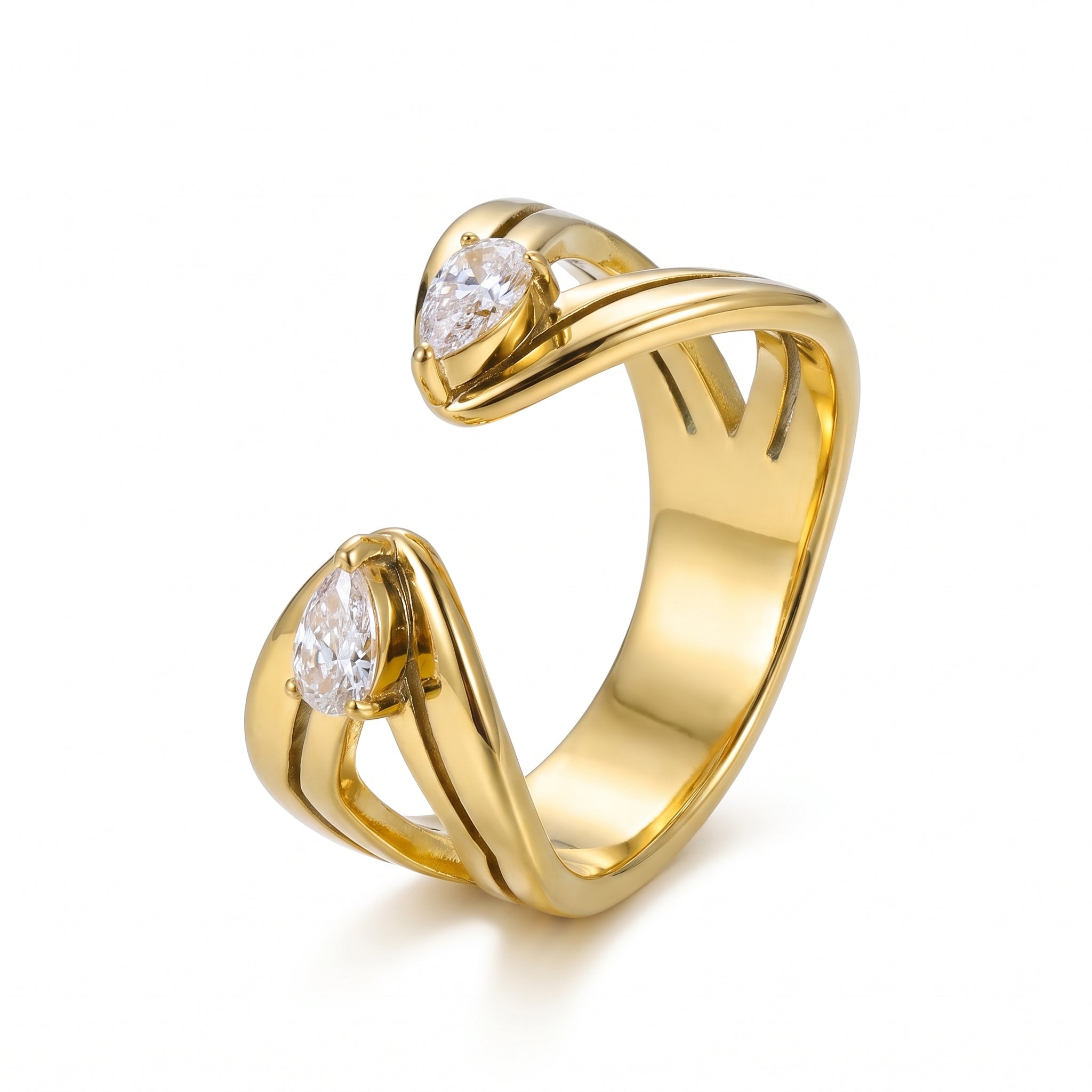 Gold pear open ring with two clear stones on white