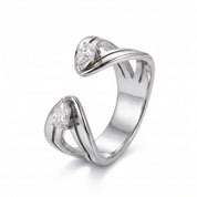 Silver pear open ring with two clear stones on white