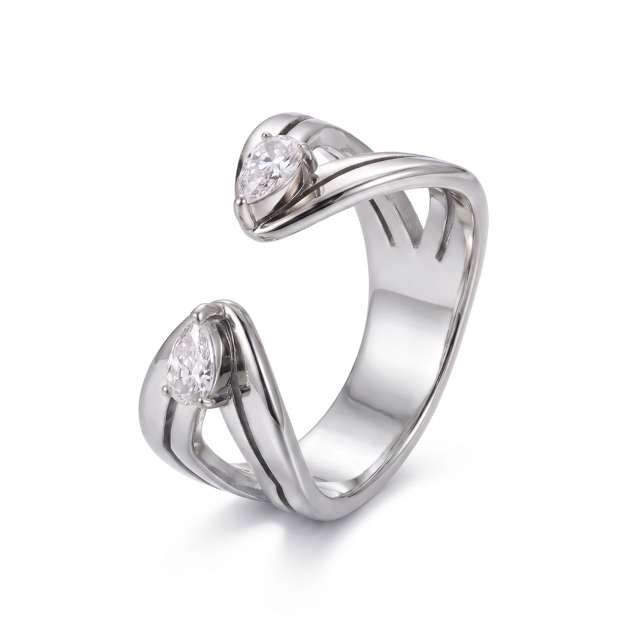 Silver pear open ring with two clear stones on white