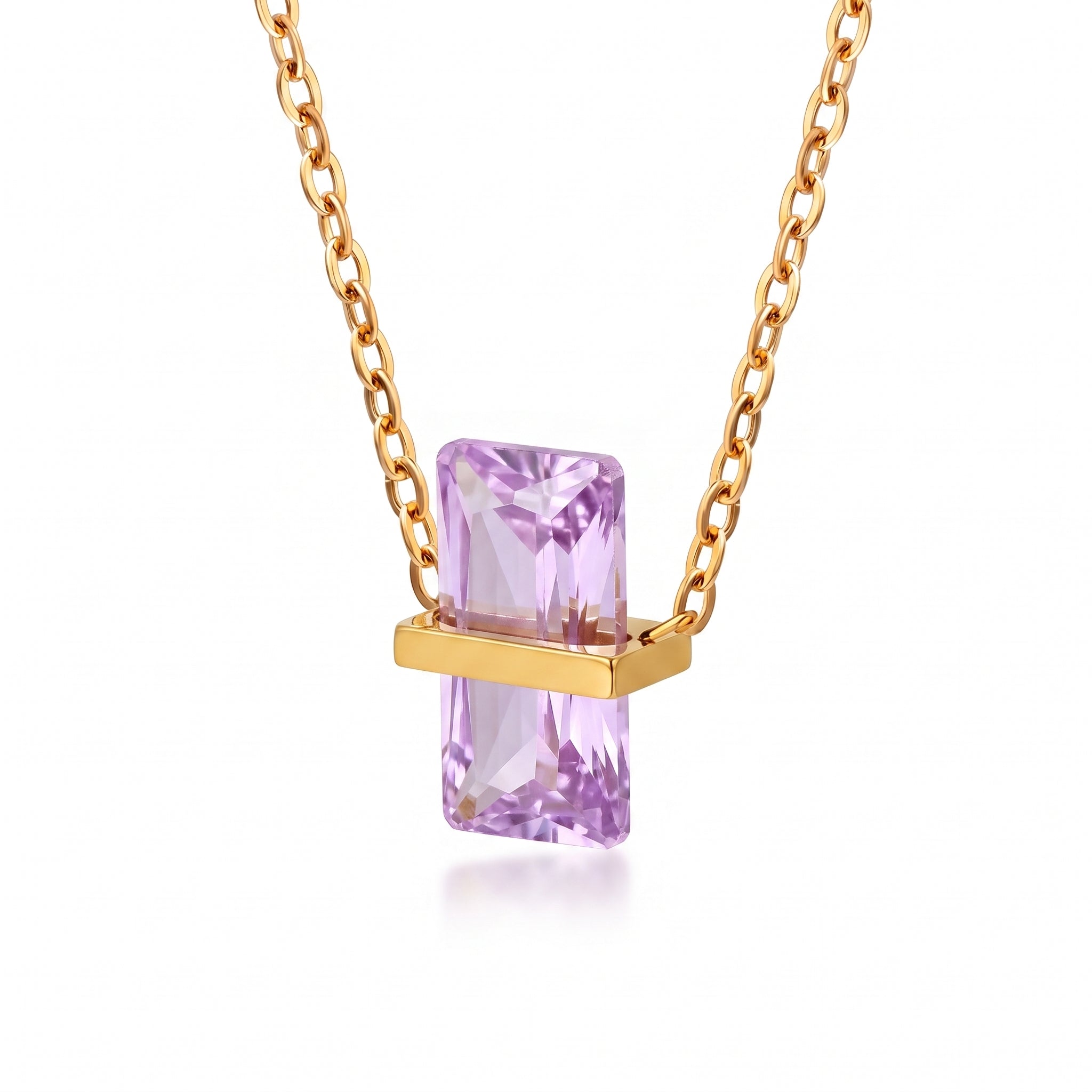 Gold birthstone necklace with a lavender rectangular crystal