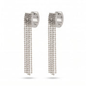 Pair of silver ball chain tassel earrings on white