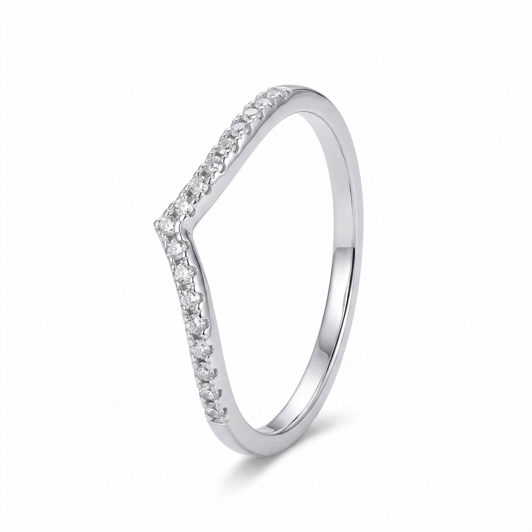 Soline silver V-shaped band with a row of cubic zirconia on white background