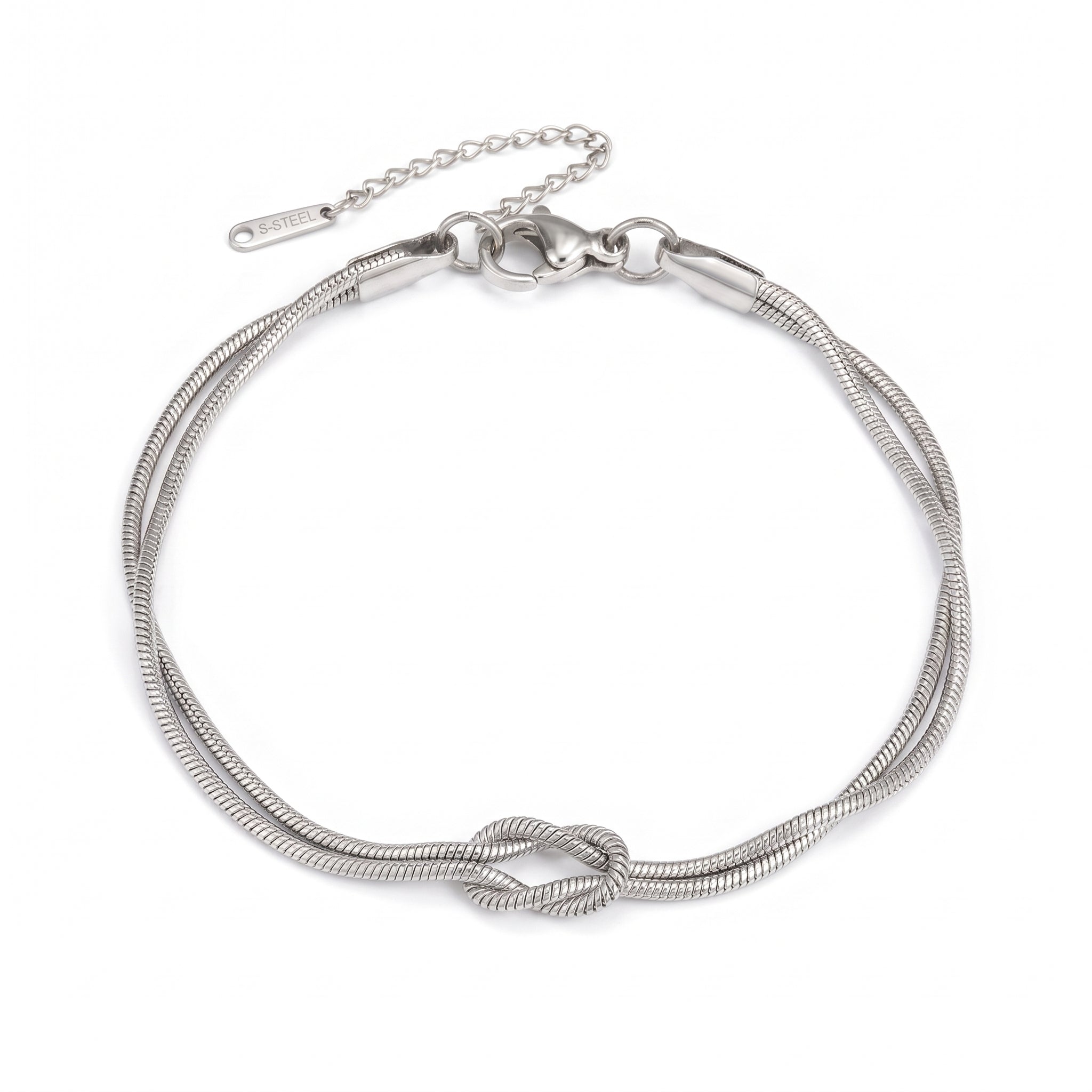 Silver love knot bracelet laid flat with clasp and extender