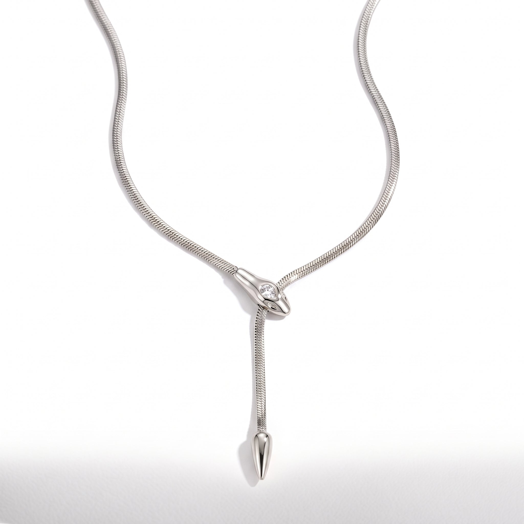 Vesper silver snake lariat necklace, on white