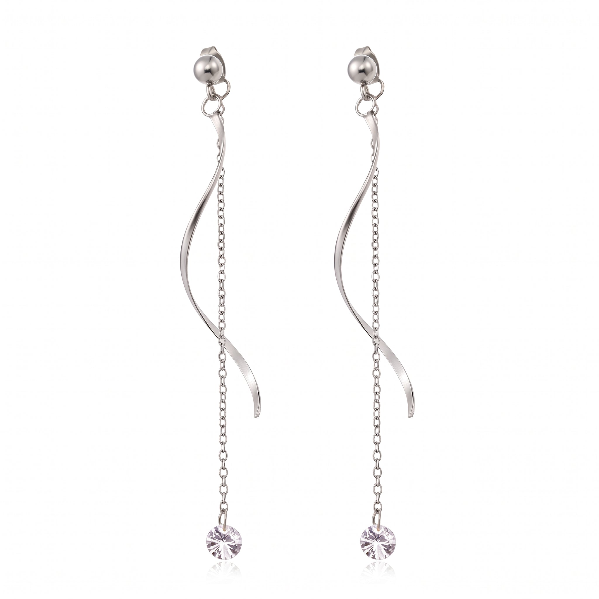 Pair of silver wave drop earrings with crystals on white